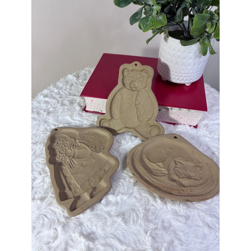 Vintage Brown Bag Cookie Mold  1980's Stoneware Santa Bear Cat Set Hill Design
